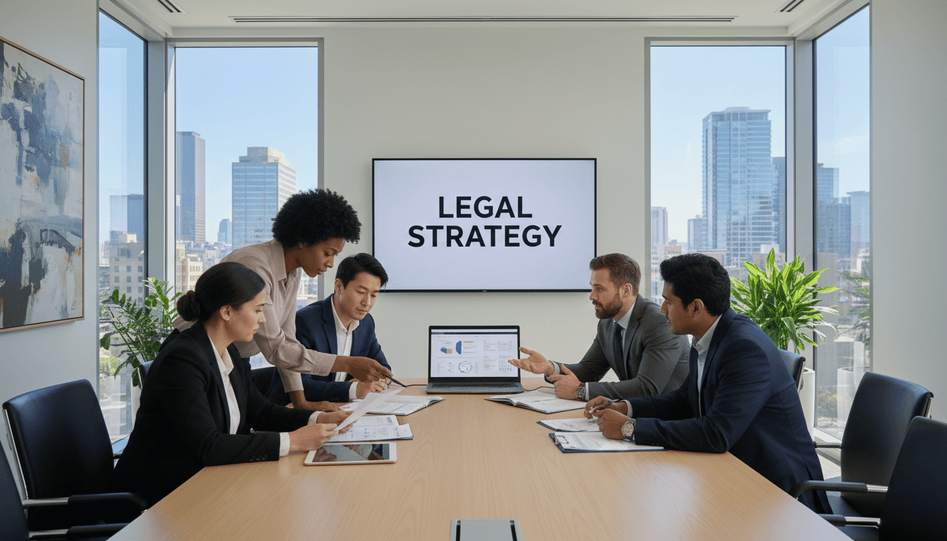 Legal professionals collaborating in a modern office setting