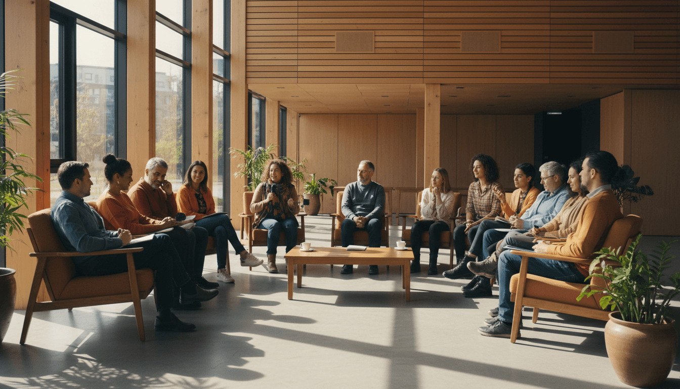 Diverse group of community members engaged in meaningful conversation in a modern Phoenix community space
