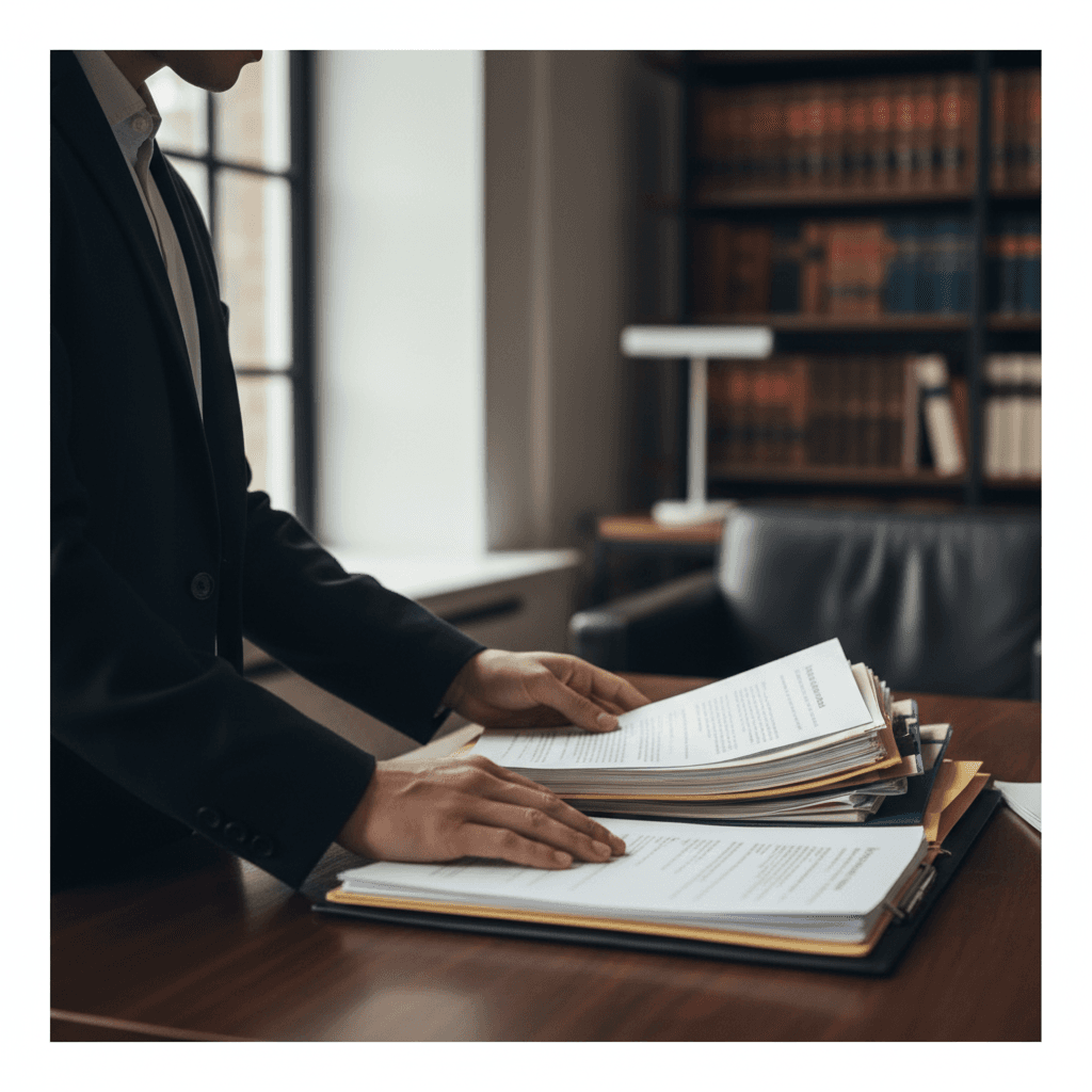 Attorney reviewing case documents in professional office setting