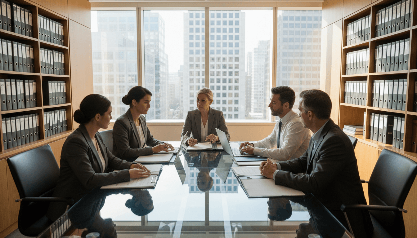 Professional legal advocates meeting with a client in a modern, welcoming office environment