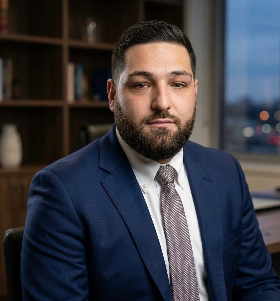 Bearded man in a blue suit and patterned tie posing in a professional office.