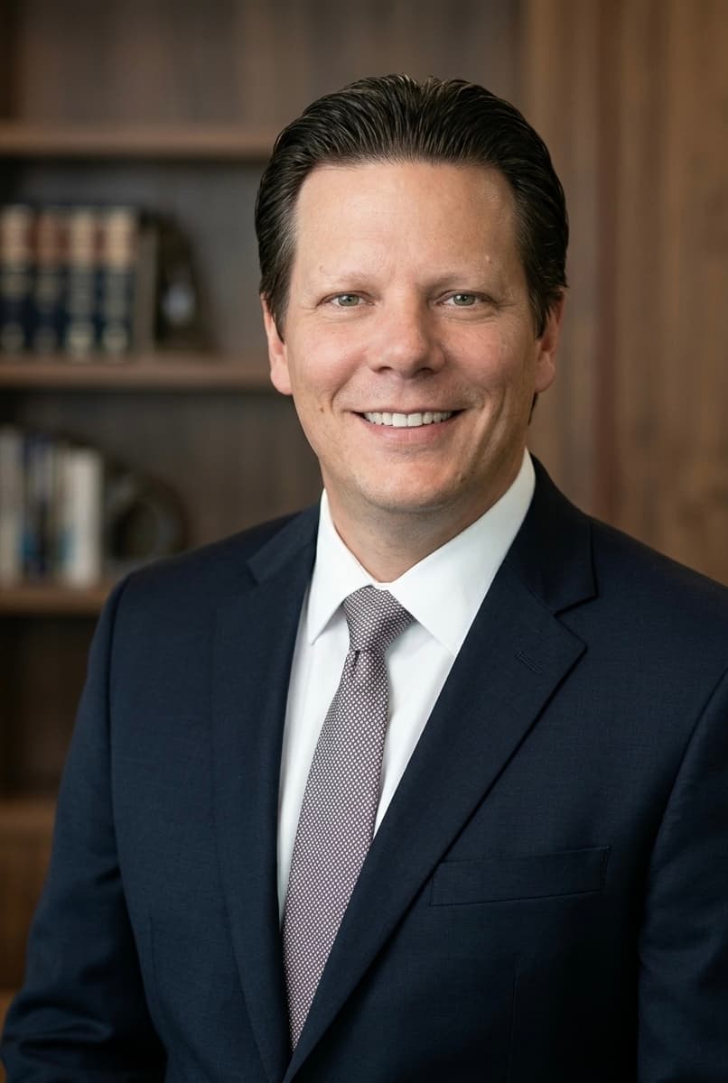 Professional headshot of a smiling man in a navy suit and patterned tie.