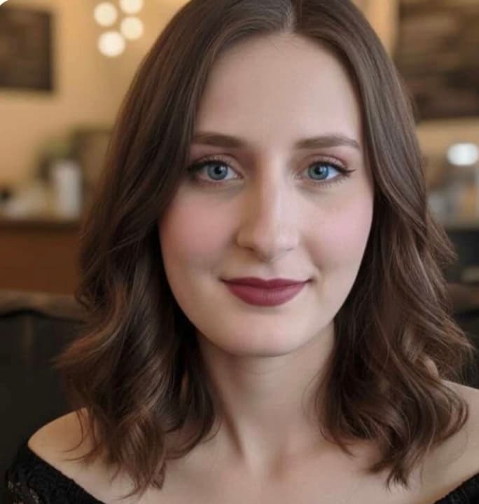 Portrait of a young woman with blue eyes, wavy brown hair, and dark red lipstick.