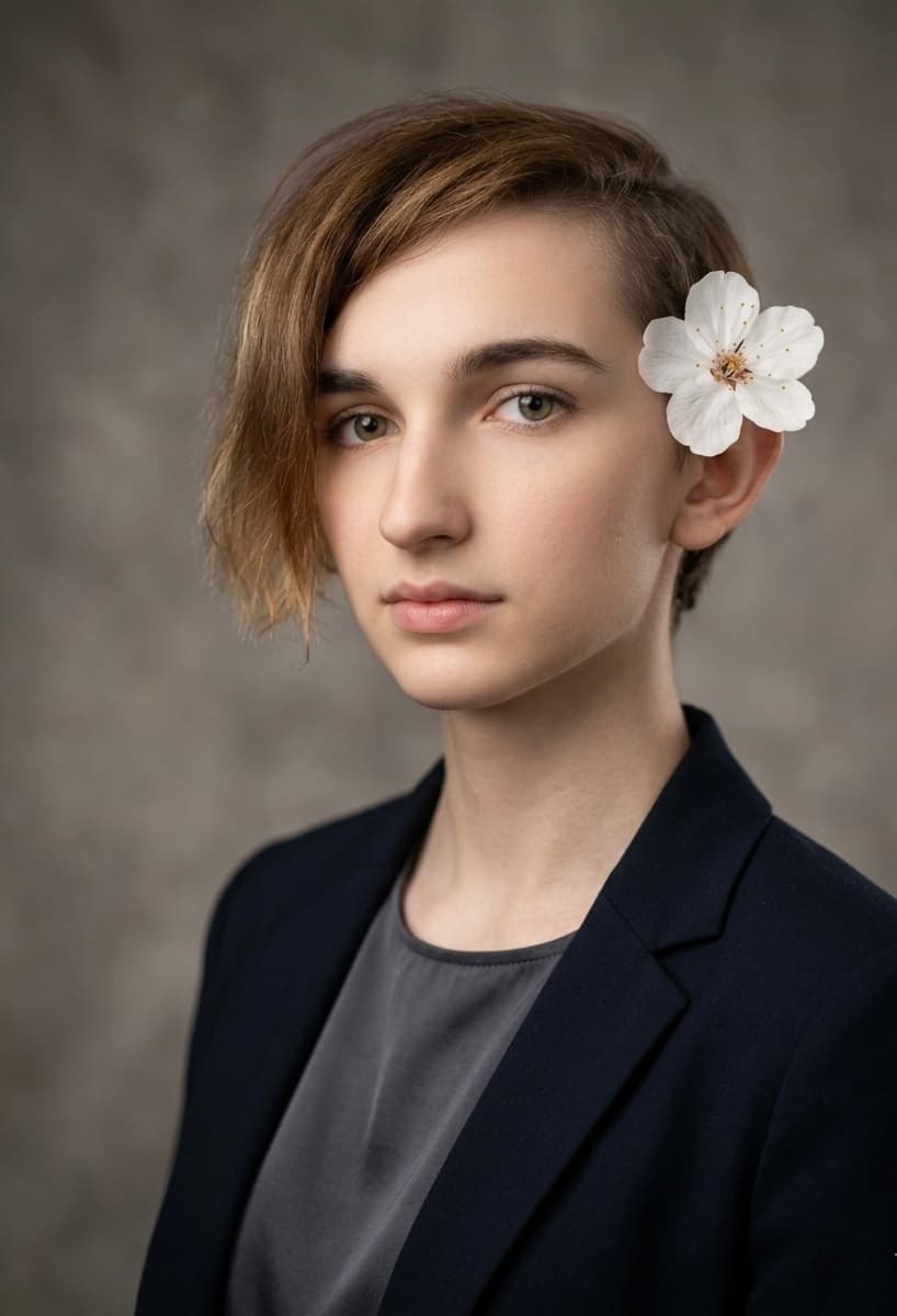 Person with short brown hair, a white flower behind their ear, wearing a dark blazer.