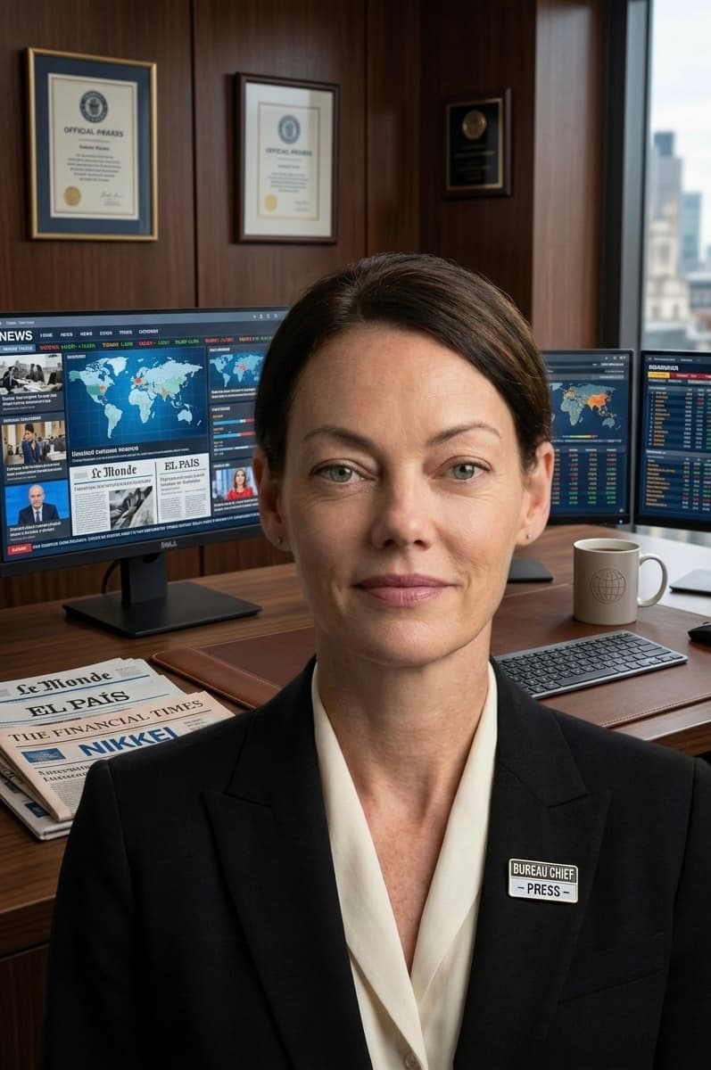 Female bureau chief in a black blazer sits before news monitors and international newspapers.